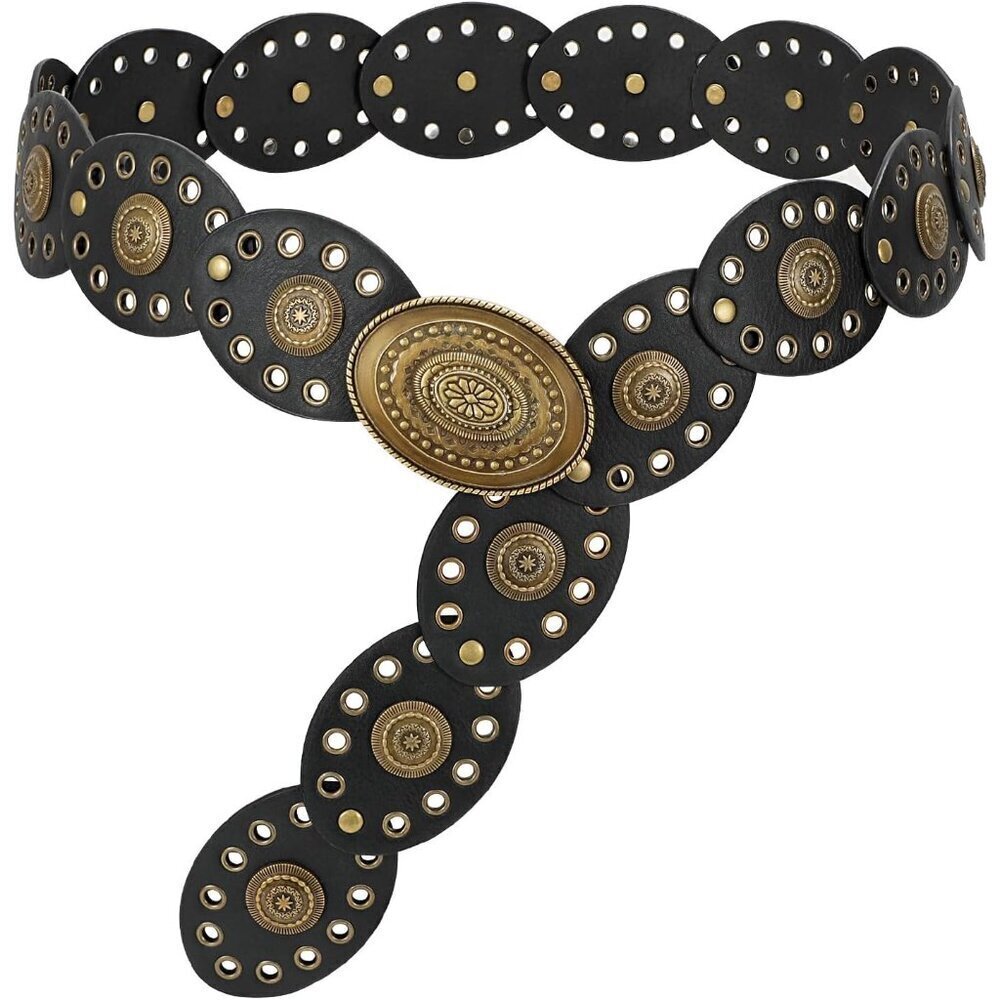 Hollow Western Disc Faux Leather Belt for Women Casual Formal Adjustable